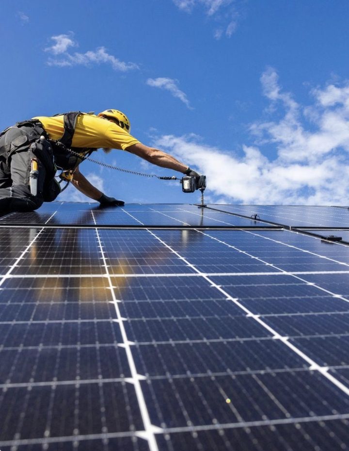 A solar panel installer on a roof